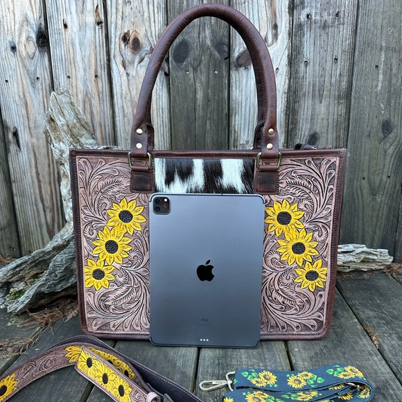 🌻GENUINE TOOLED LEATHER COWHIDE SUNFLOWER LAPTOP BAG PURSE w/ BELT STRAP🌻SALE! 😃 - Picture 3 of 11